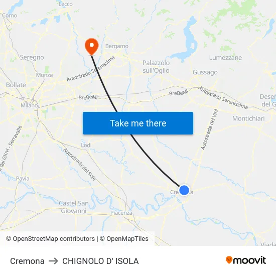 Cremona to Chignolo D' Isola map