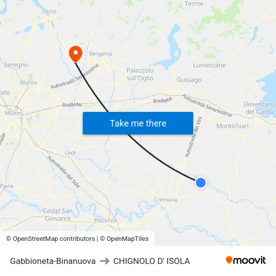 Gabbioneta-Binanuova to Chignolo D' Isola map