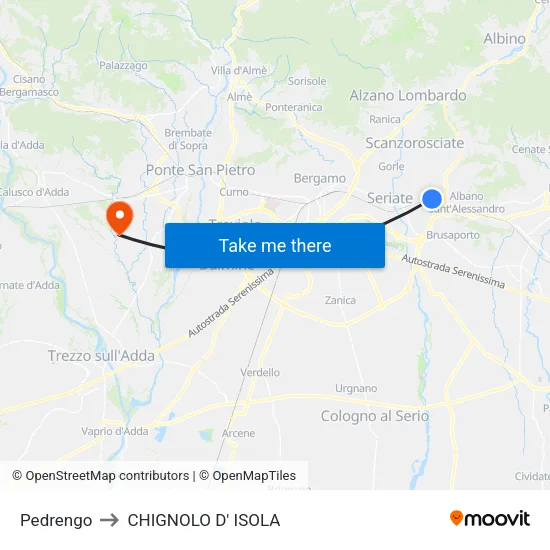 Pedrengo to CHIGNOLO D' ISOLA map