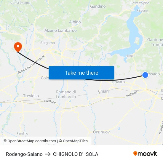 Rodengo-Saiano to Chignolo D' Isola map
