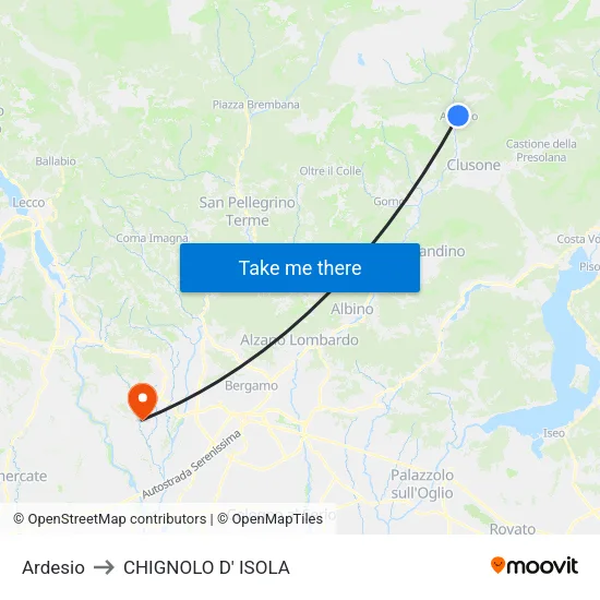 Ardesio to CHIGNOLO D' ISOLA map