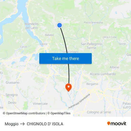 Moggio to Chignolo D' Isola map