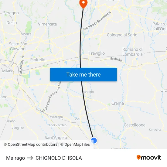 Mairago to Chignolo D' Isola map