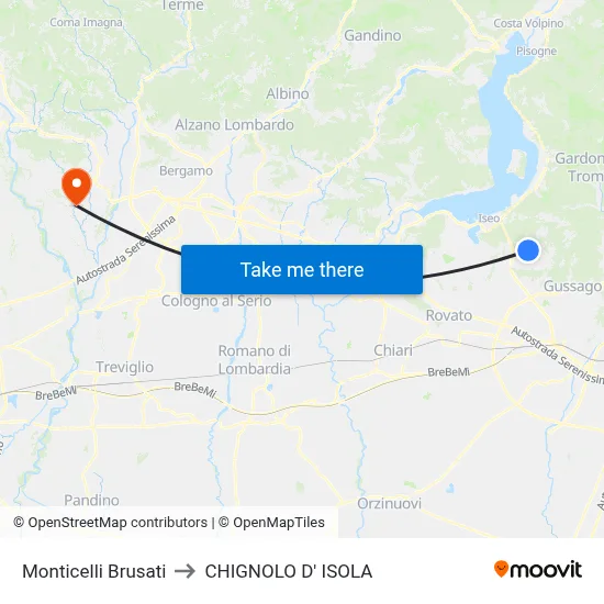 Monticelli Brusati to Chignolo D' Isola map