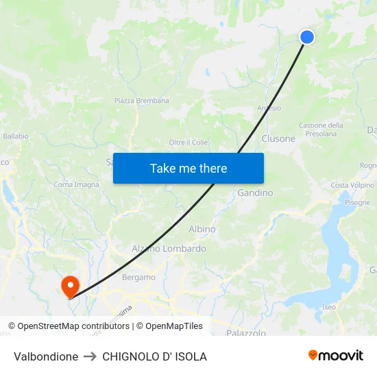 Valbondione to CHIGNOLO D' ISOLA map