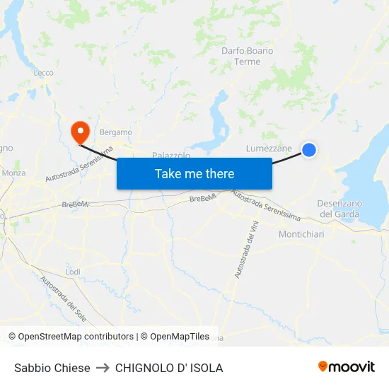 Sabbio Chiese to Chignolo D' Isola map