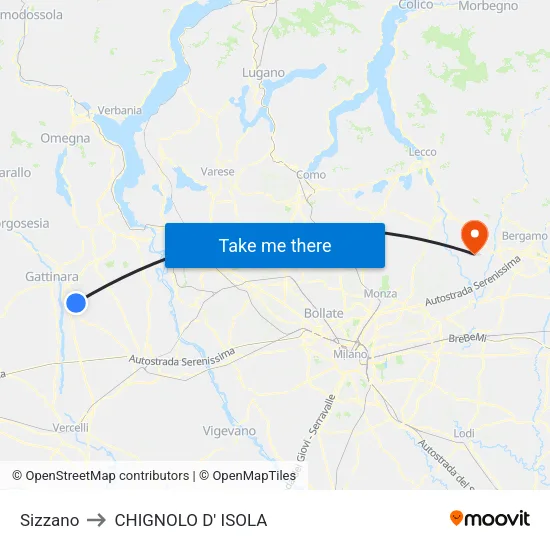 Sizzano to CHIGNOLO D' ISOLA map