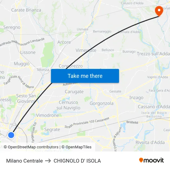 Milan Central to Chignolo D' Isola map