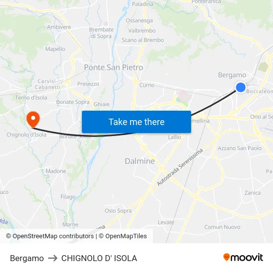 Bergamo to CHIGNOLO D' ISOLA map