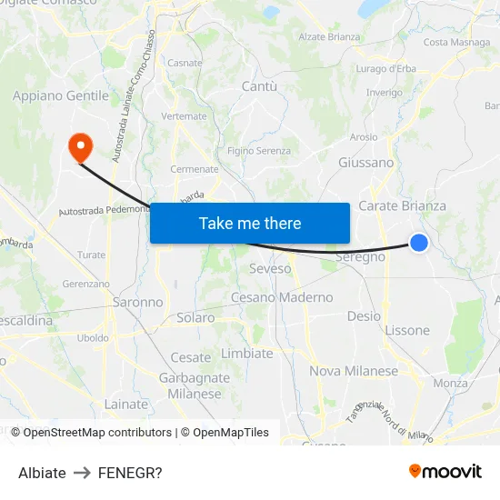 Albiate to Fenegro map