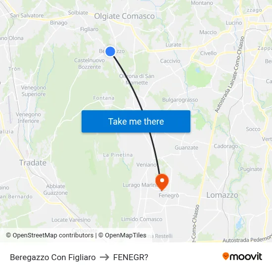 Beregazzo con Figliaro to Fenegro map