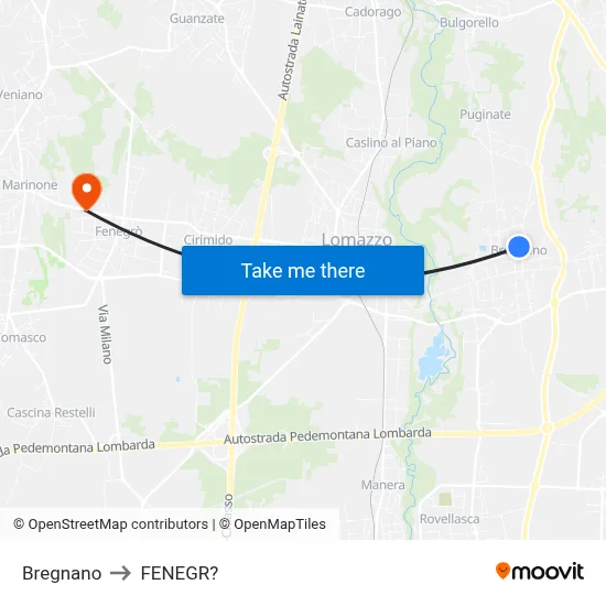 Bregnano to Fenegro map