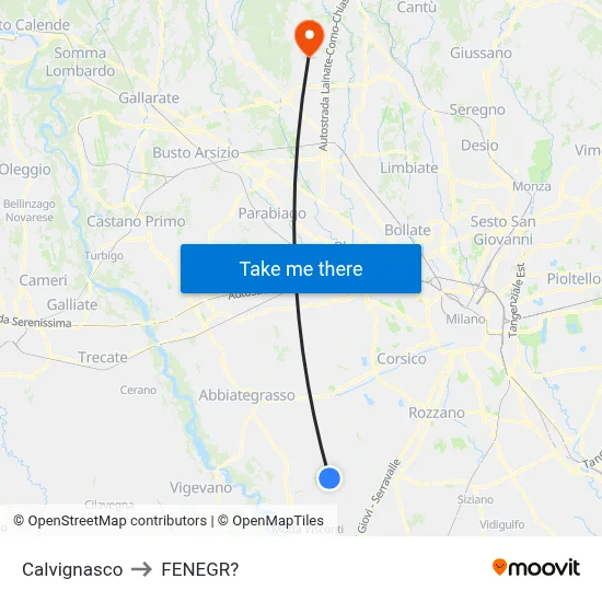 Calvignasco to Fenegro map