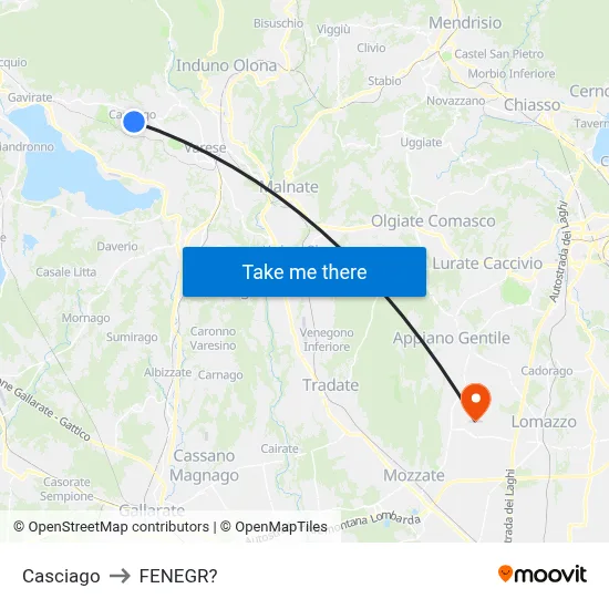 Casciago to Fenegro map