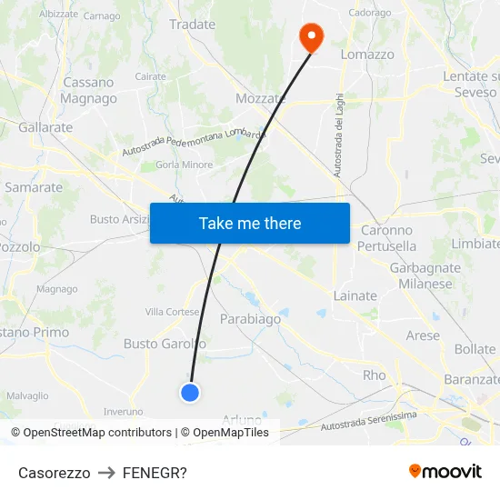 Casorezzo to Fenegro map