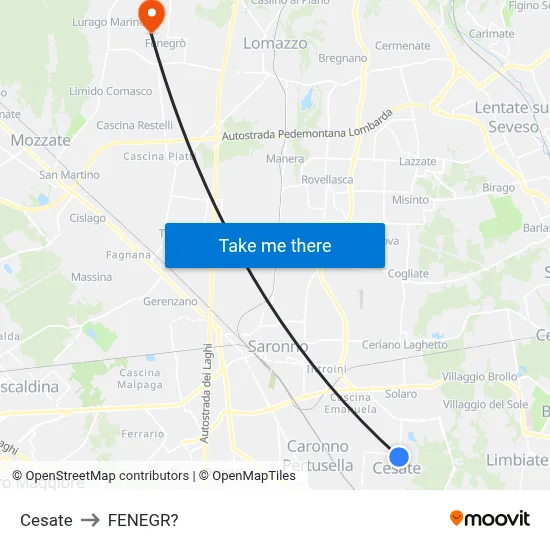 Cesate to Fenegro map