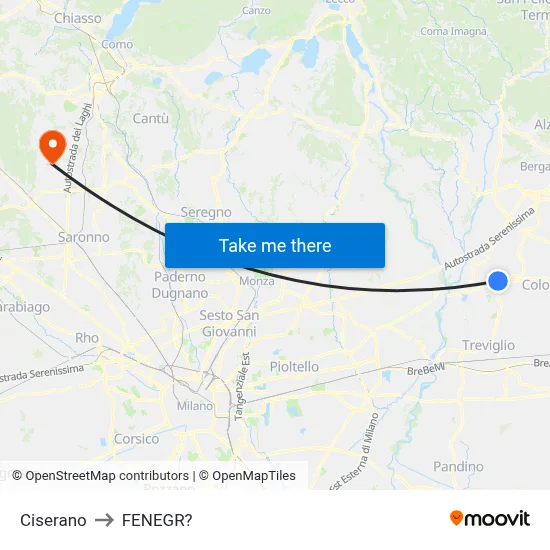 Ciserano to Fenegro map