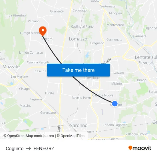 Cogliate to Fenegro map