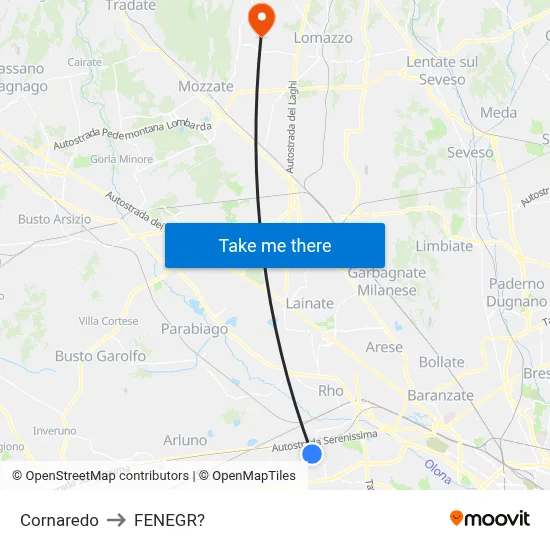 Cornaredo to Fenegro map