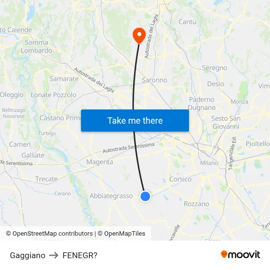 Gaggiano to Fenegro map