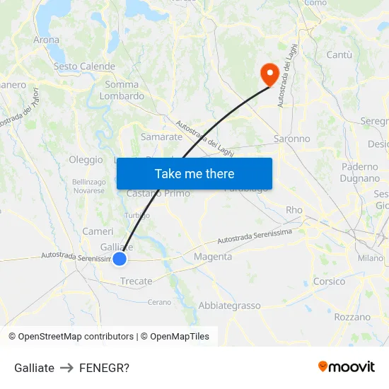 Galliate to Fenegro map
