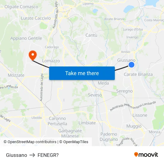 Giussano to Fenegro map