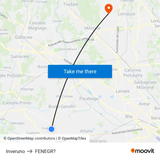Inveruno to Fenegro map
