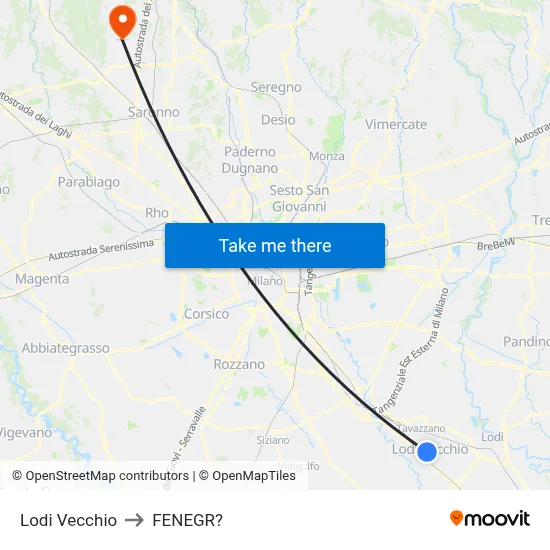 Lodi Vecchio to Fenegro map
