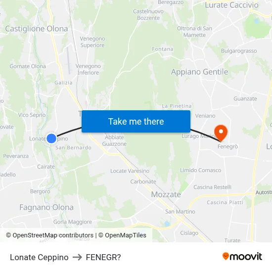 Lonate Ceppino to Fenegro map