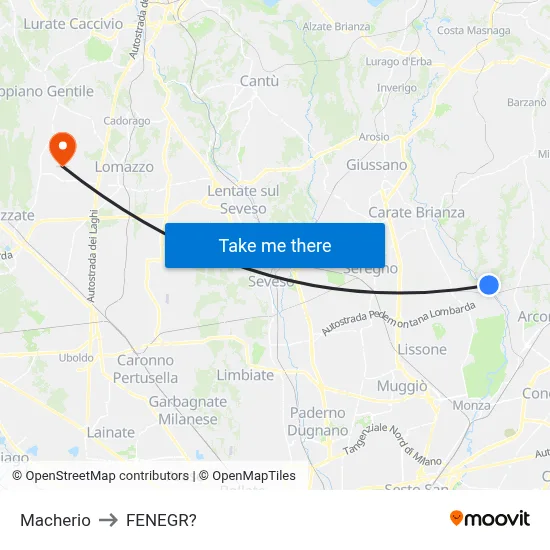Macherio to Fenegro map