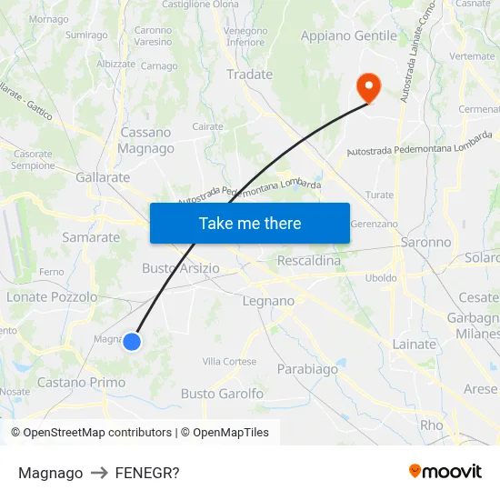 Magnago to Fenegro map