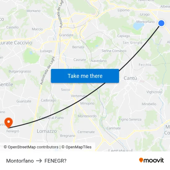 Montorfano to Fenegro map