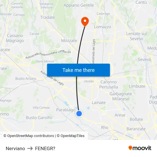 Nerviano to Fenegro map