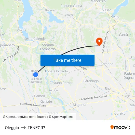 Oleggio to Fenegro map
