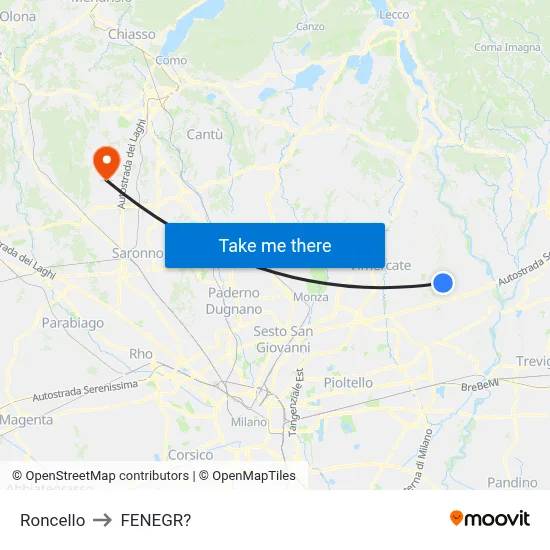 Roncello to Fenegro map