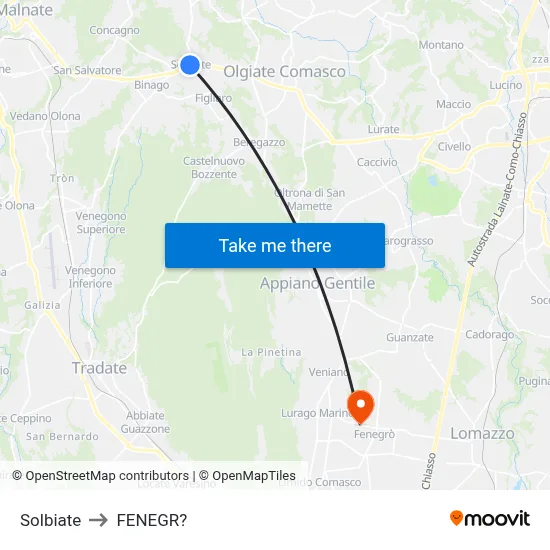 Solbiate to Fenegro map
