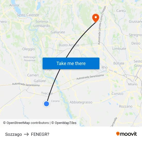 Sozzago to Fenegro map