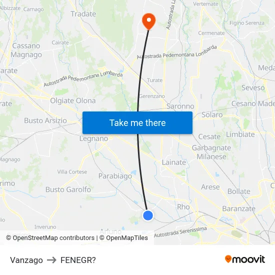 Vanzago to Fenegro map