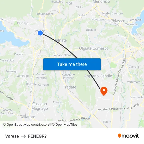Varese to Fenegro map
