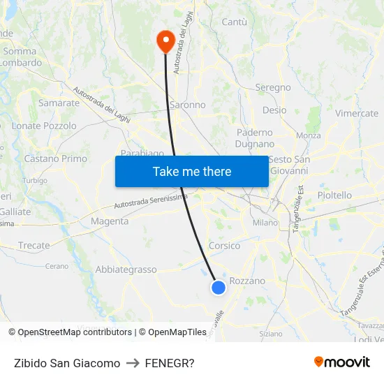 Zibido San Giacomo to Fenegro map