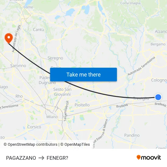 Pagazzano to Fenegro map