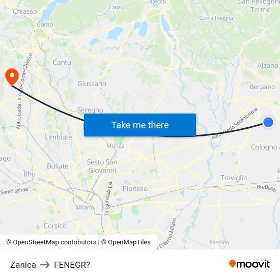 Zanica to Fenegro map