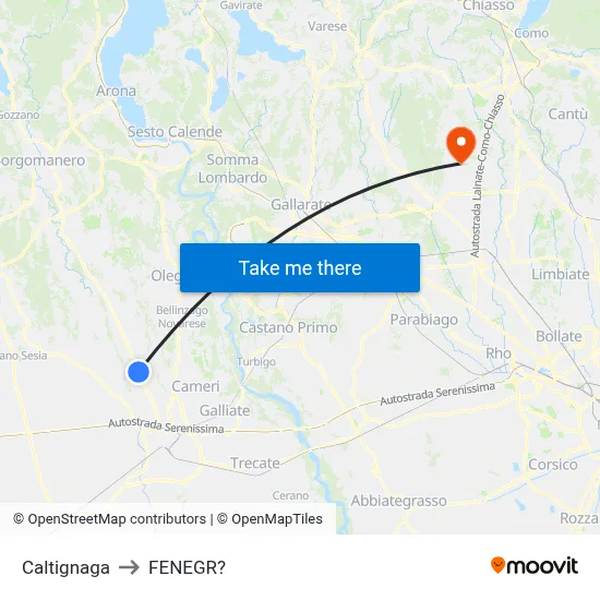 Caltignaga to Fenegro map