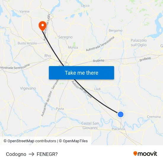 Codogno to Fenegro map