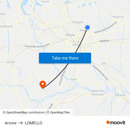 Arcore to LOMELLO map