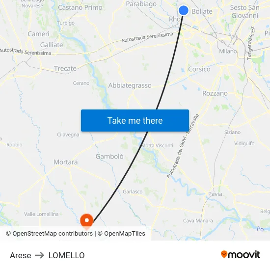 Arese to LOMELLO map