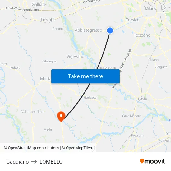 Gaggiano to Lomello map