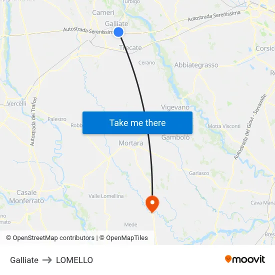 Galliate to Lomello map