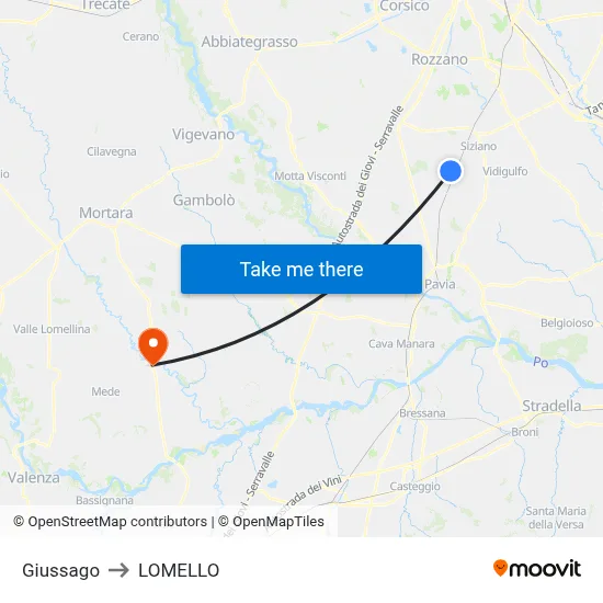 Giussago to Lomello map