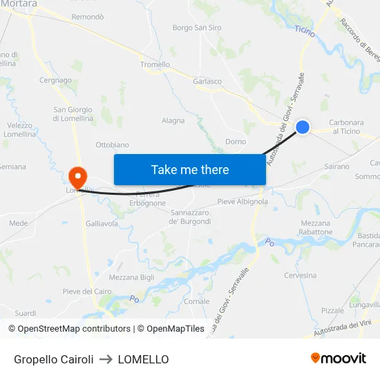 Gropello Cairoli to Lomello map